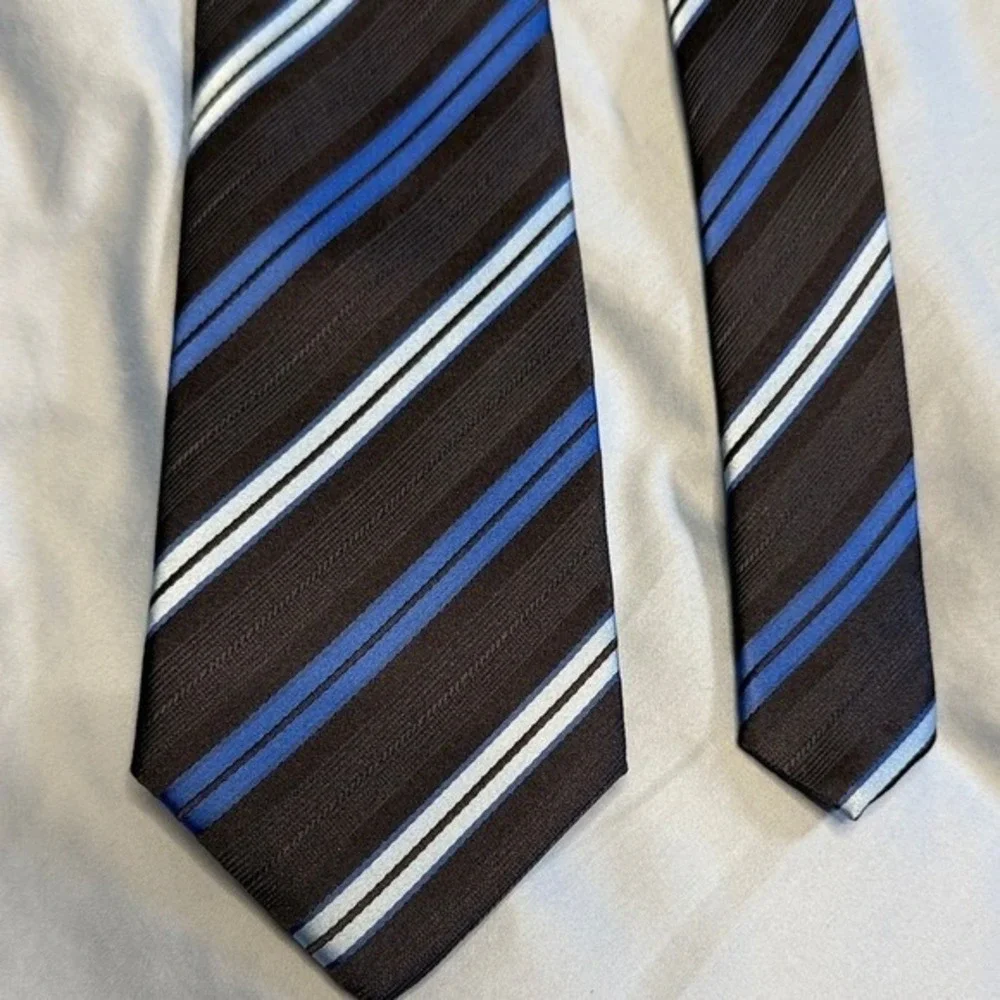 Barry‎ Wang 100% Silk Tie – Blue & Charcoal Stripe – Italian Style